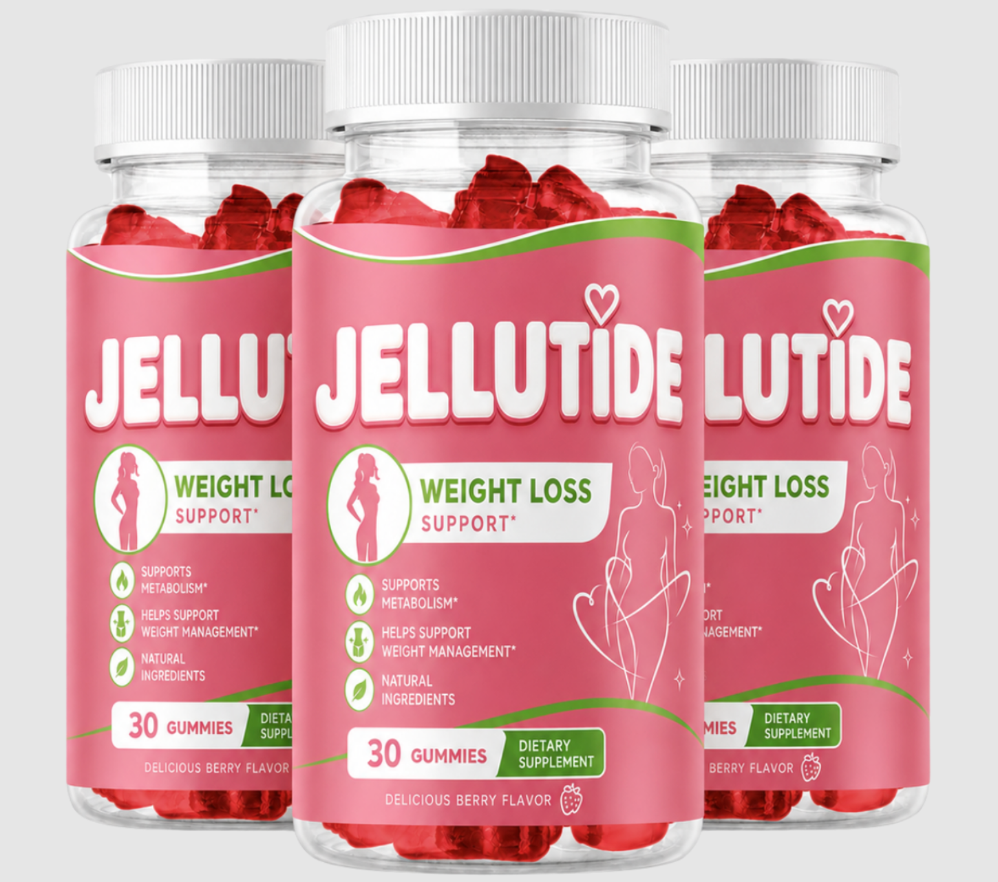 Three Jellutide bottles with pink labels and red gummies; the front label states 30 gummies and berry flavor