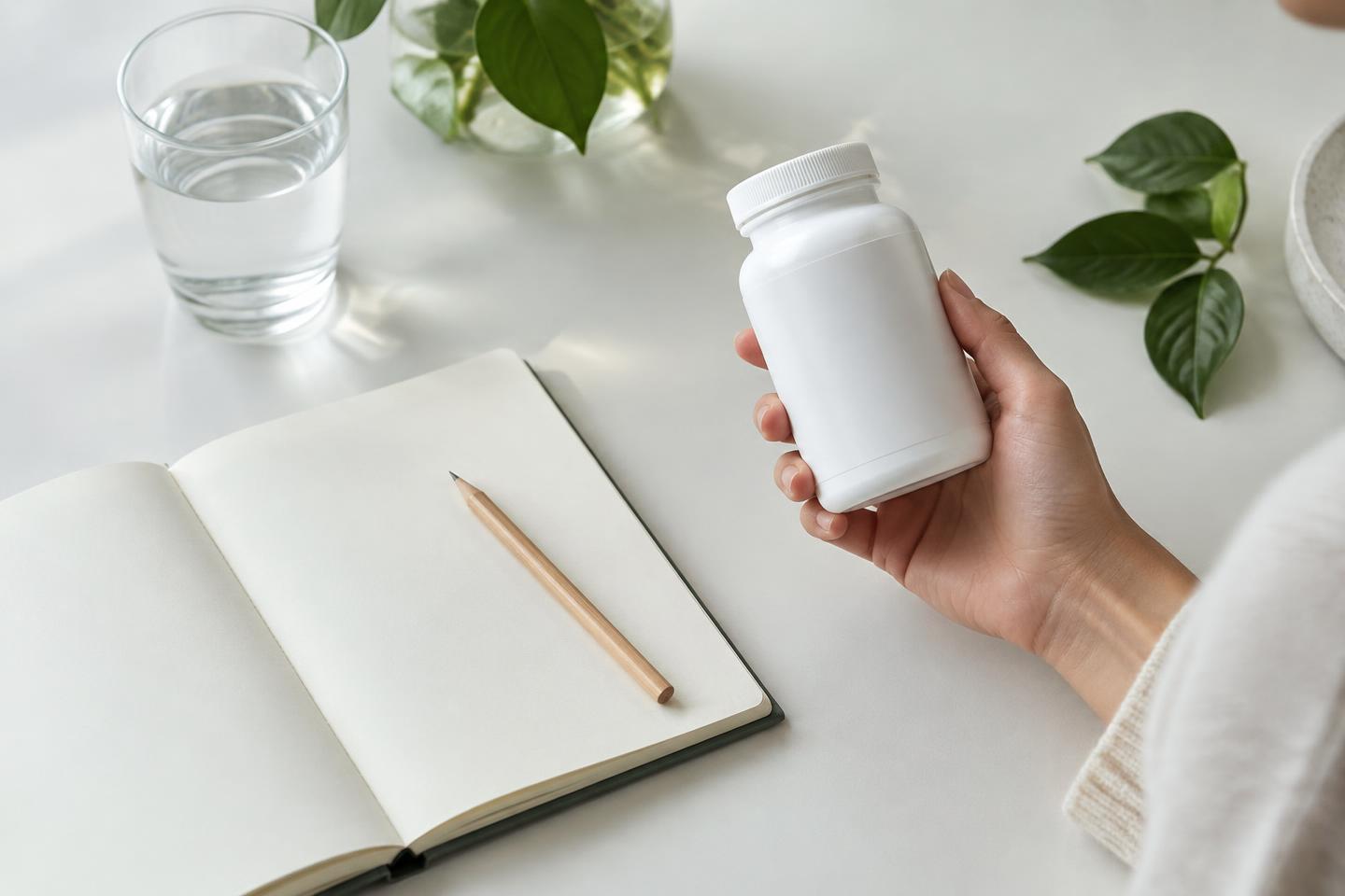 A person examining a plain supplement bottle beside a notebook and glass of water; an illustration of checking product details